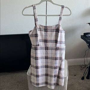 Plaid Square-Neck Mini Dress in White and Pink Tones